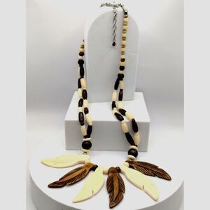 Vintage Hand Carved Necklace Natural Material Browns/Cream Color Tribal Feathers
